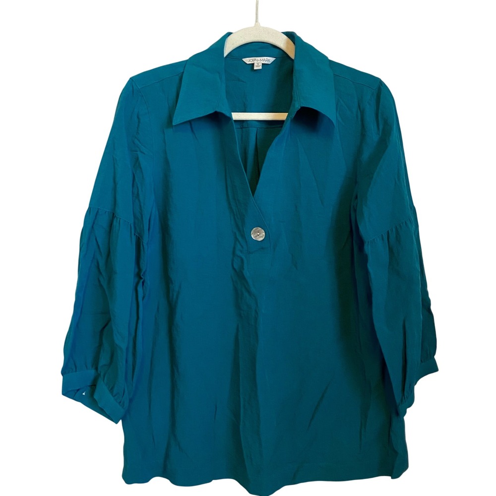 JOHN MARK Teal Blue V Neck Button Tunic Top 3/4 Sleeve‎ Women's Size S